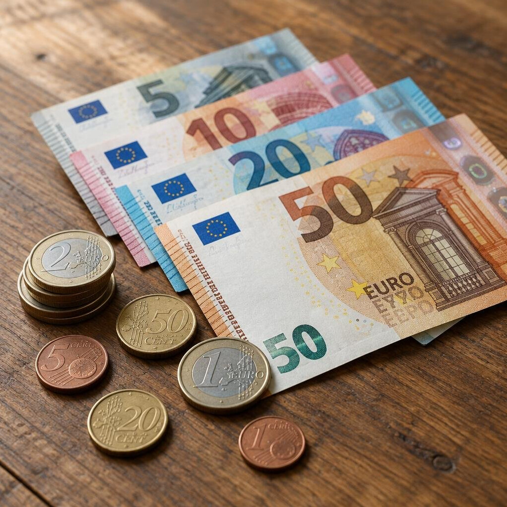 Euro banknotes and coins on a table
