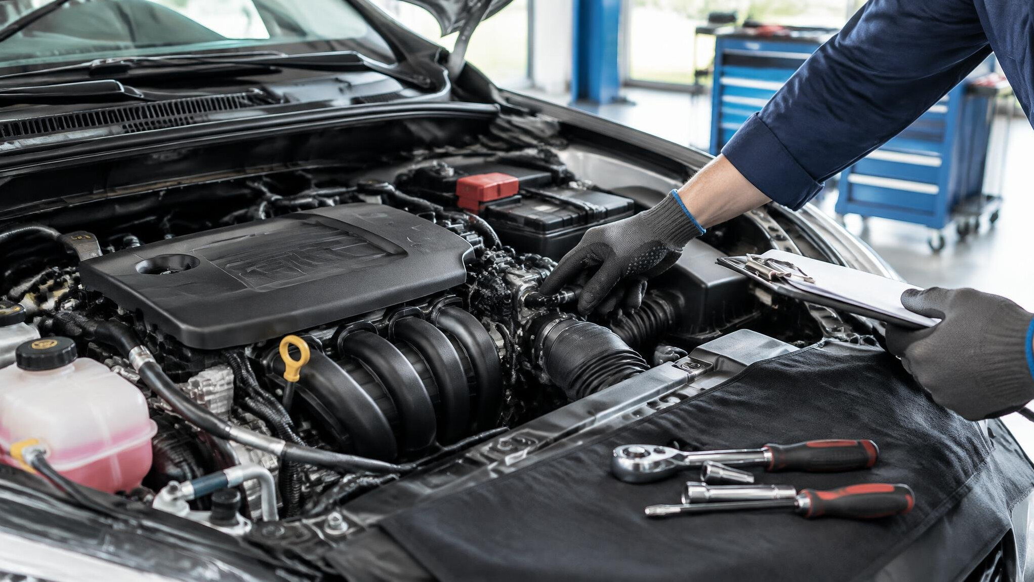 Mechanic inspecting a car engine under the hood