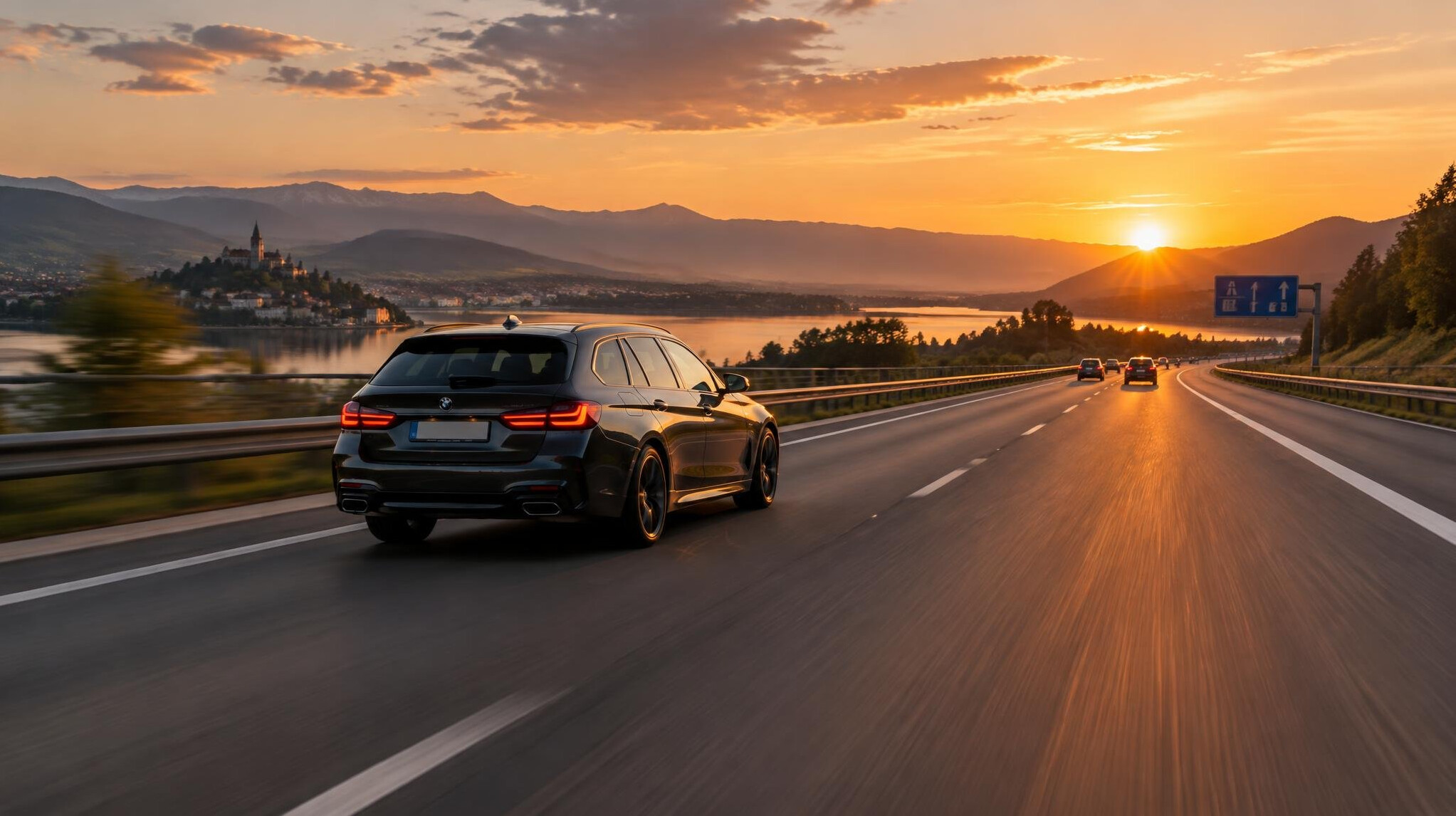 Car driving on a highway at dusk