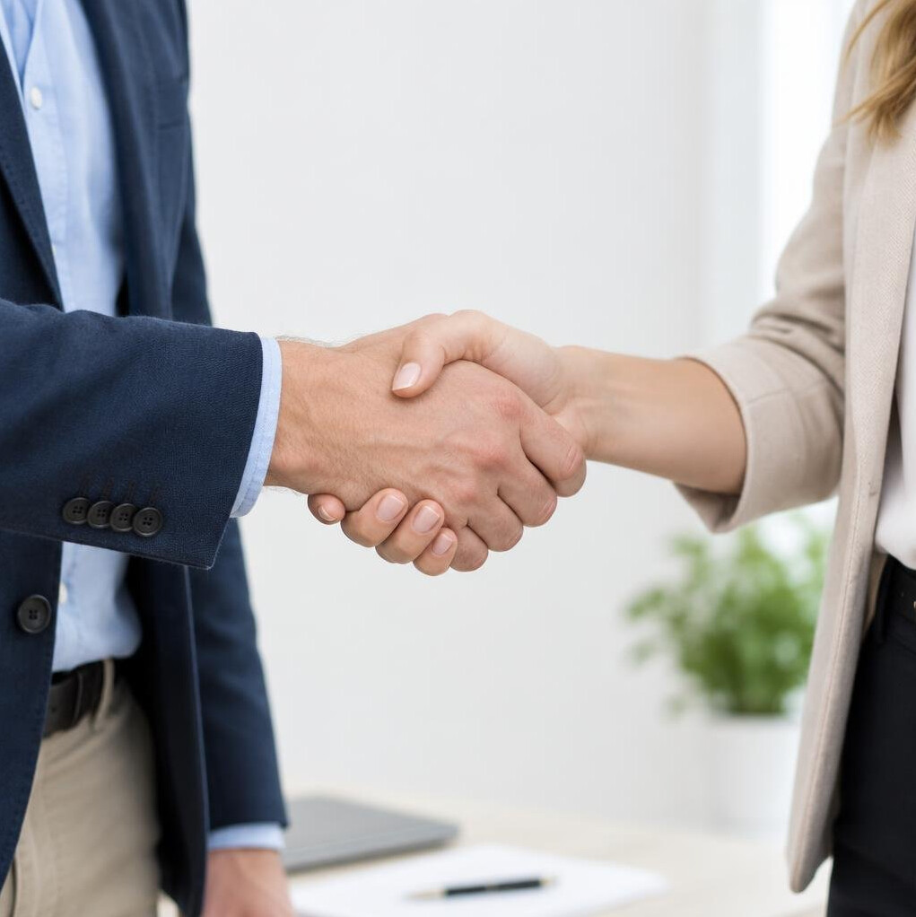 Two people shaking hands over a deal