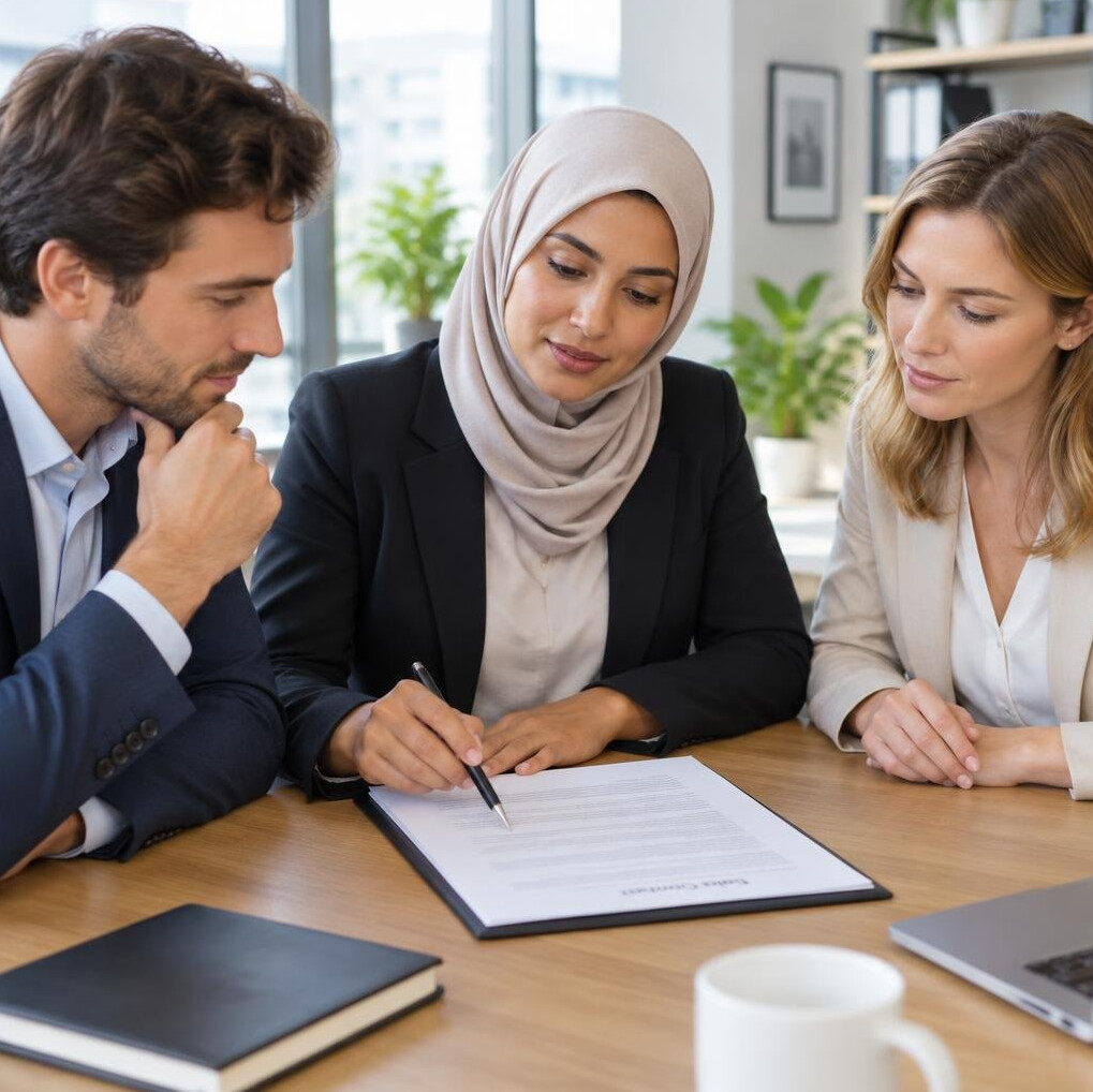 Team reviewing a contract at a table